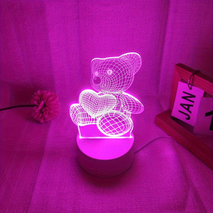 USB Romantic Pink Heart Bear 3D Night Light Decor