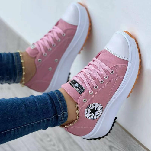 Flat Lace-Up Sneakers Pattern Canvas Casual Women Sport Shoes