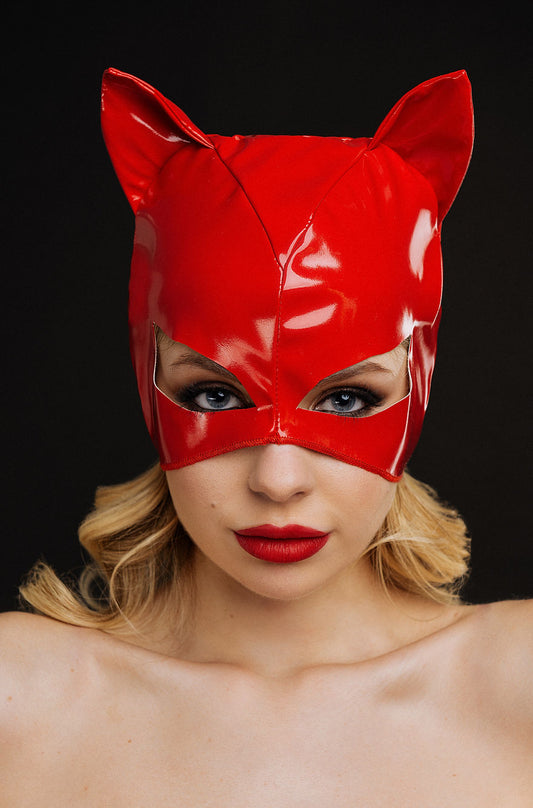 BDSM Sexy Kitty Cat Mask, Red Leather Eye Mask, Cat Costume Mask